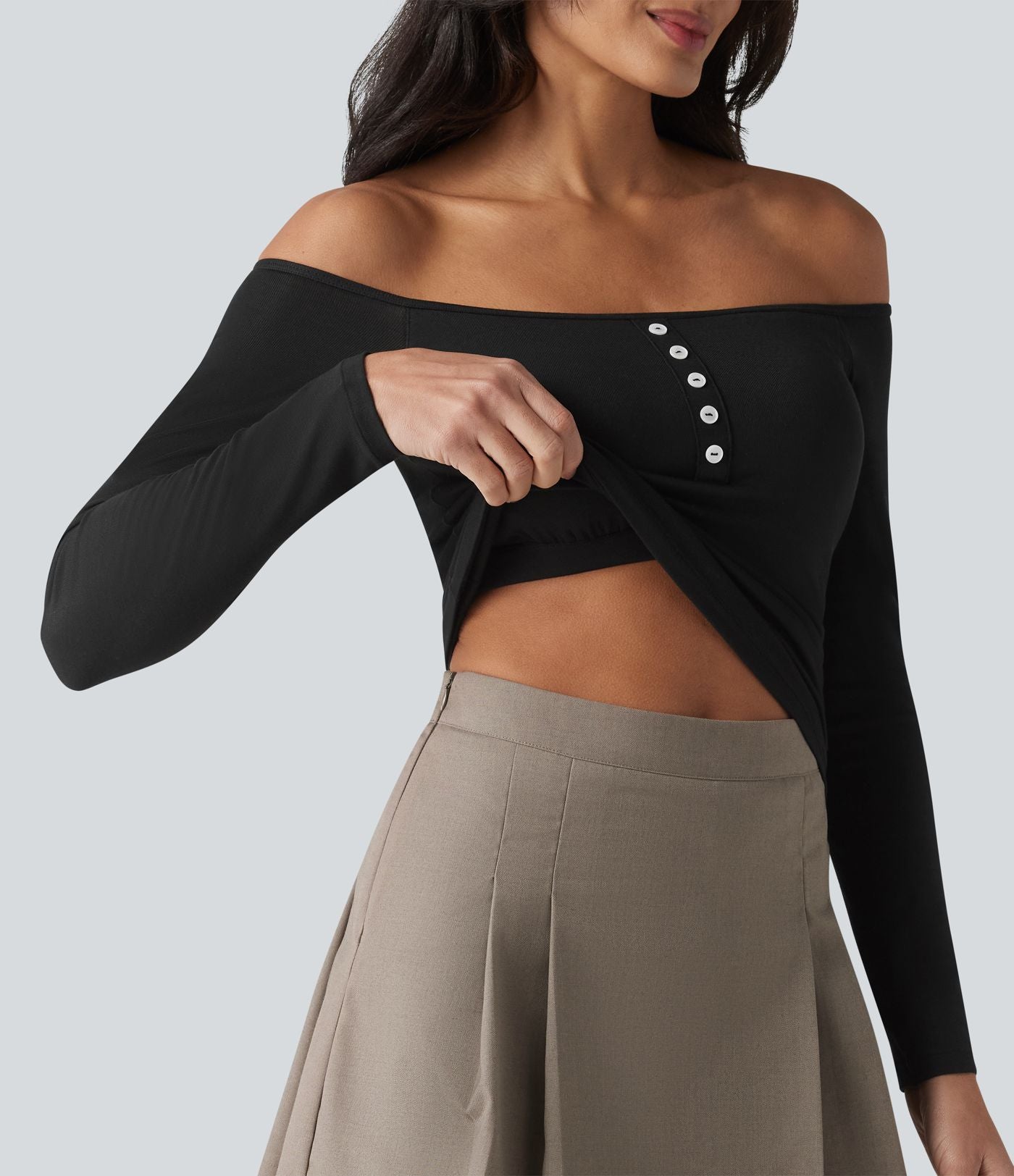 T-shirt casual ultra-ajusté côtelé épaules dénudées à manches longues avec soutien-gorge intégré