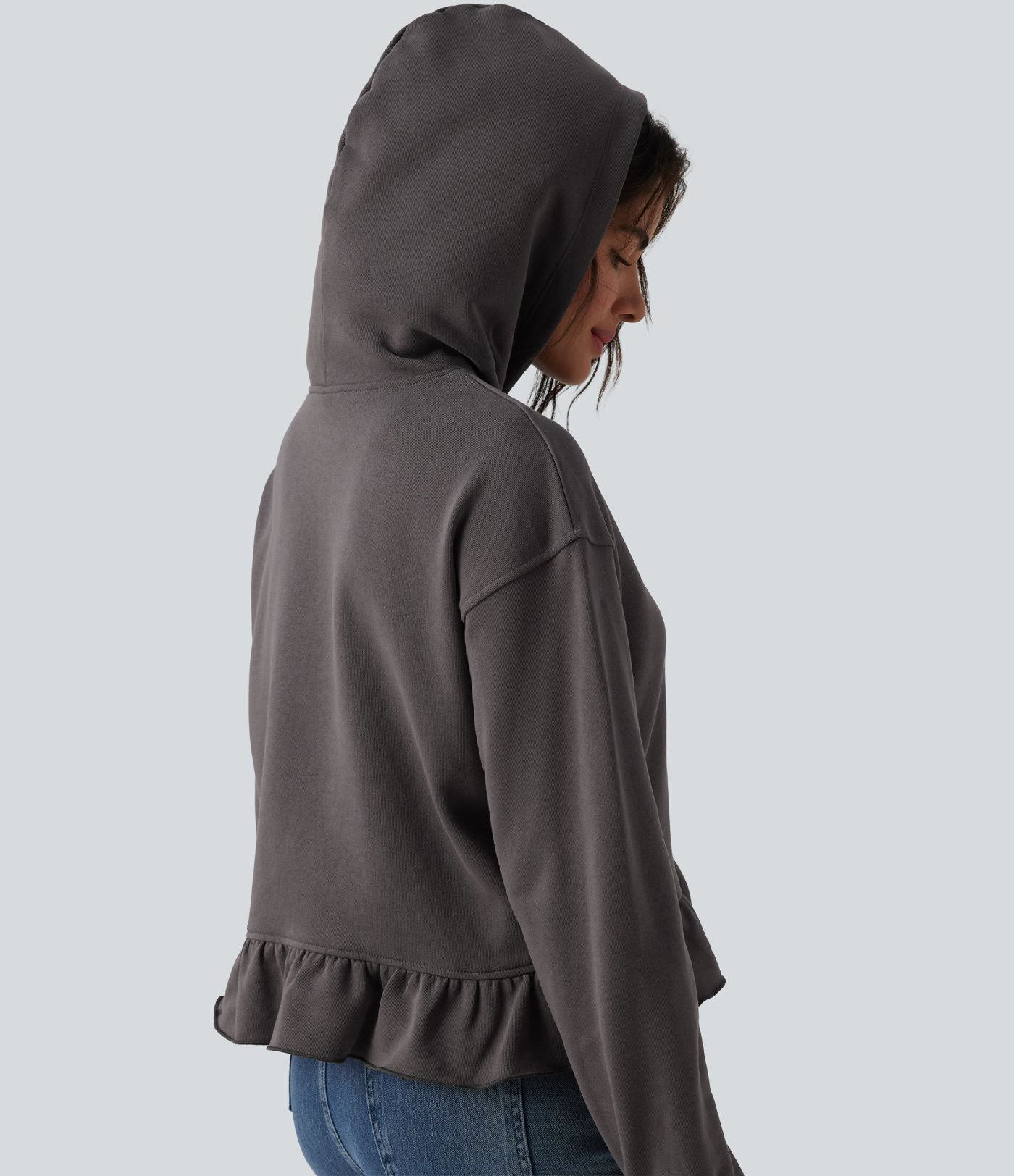 Sweat-shirt décontracté en coton à capuche avec cordon de serrage manches longues ourlet à volants