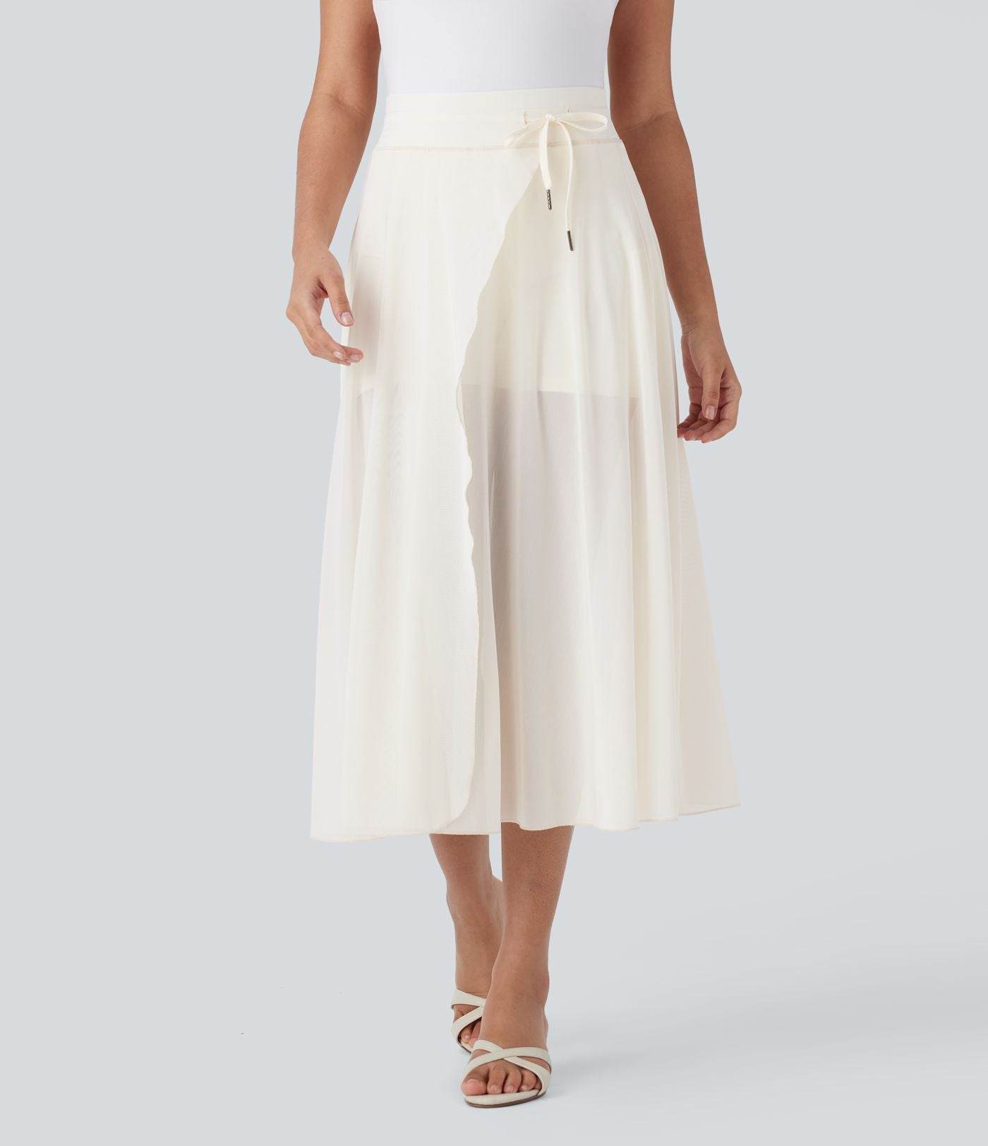 Jupe Casual Évasée Mesh Mi-Longue Fuide 2 en 1 Contrastée Taille Haute Cordon Poche Latérale