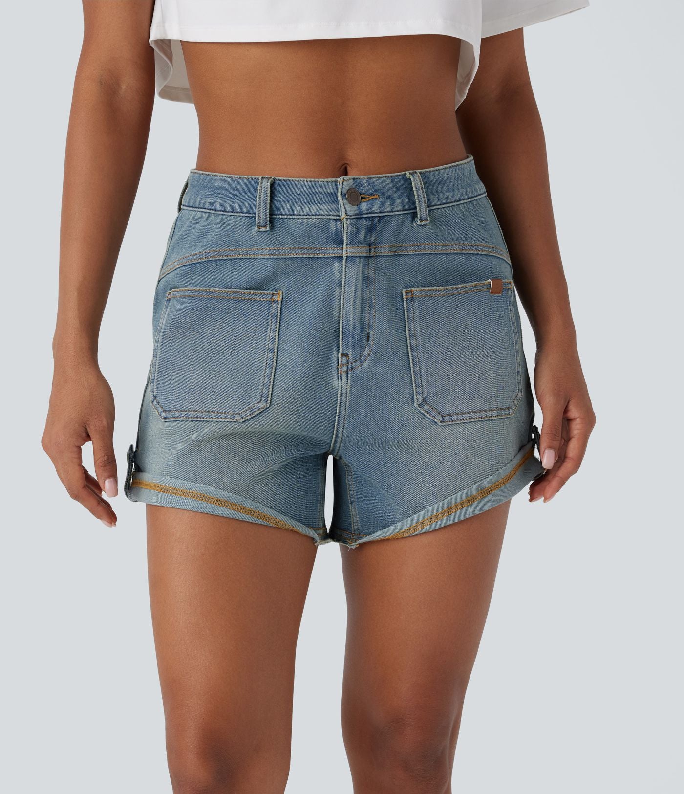 Short décontracté en jean extensible délavé Halara Flex™ taille moyenne avec revers et poches avant