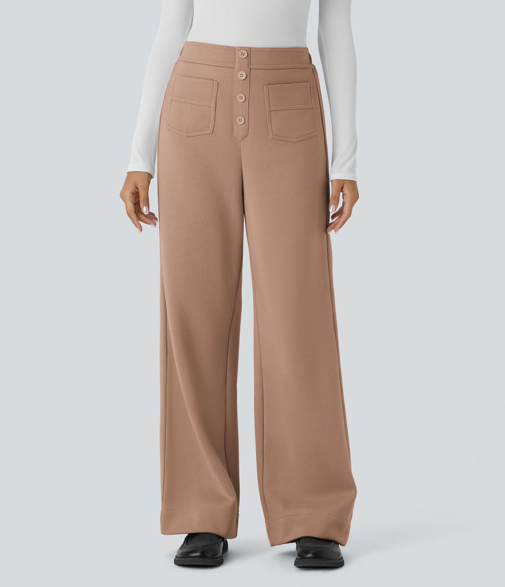 Pantalon Jogging en Fleece Thermique Jambe Droite Boutons Taille Haute Plusieurs Poches