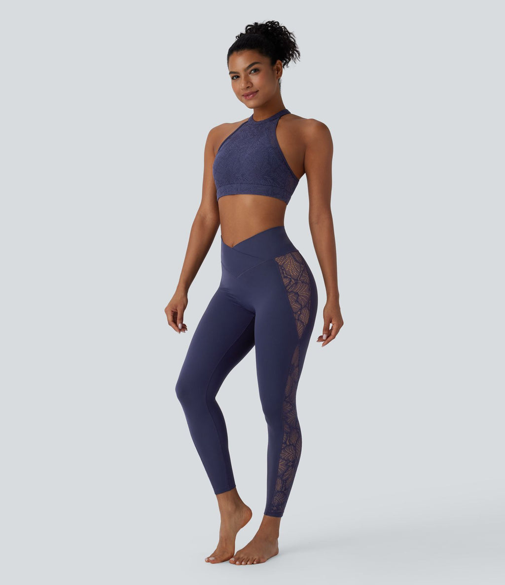 Legging de yoga Softlyzero™ taille haute avec design croisé, dentelle contrastée, sous-vêtement intégré, poche et protection UPF50+