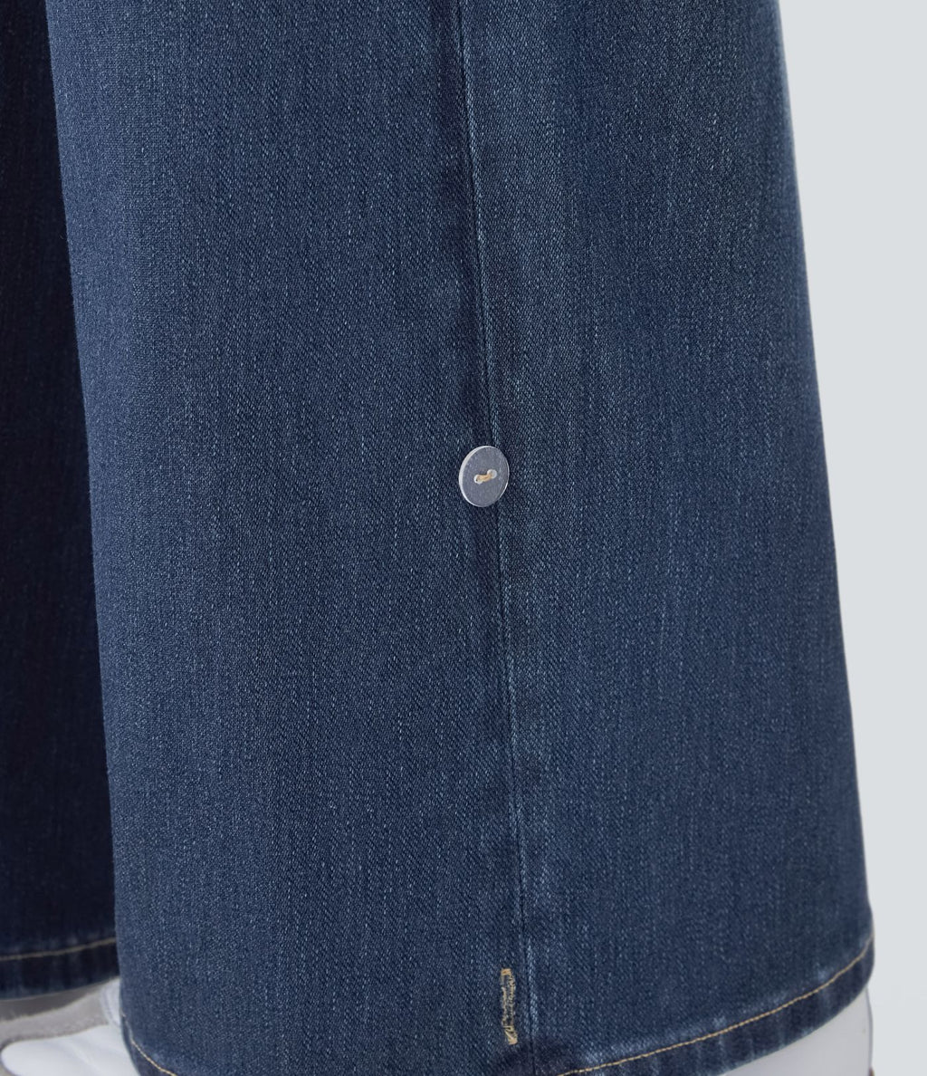 Jean décontracté Halara Flex™ taille haute jambes larges avec poches multiples et ourlet ajustable, en maille extensible effet délavé