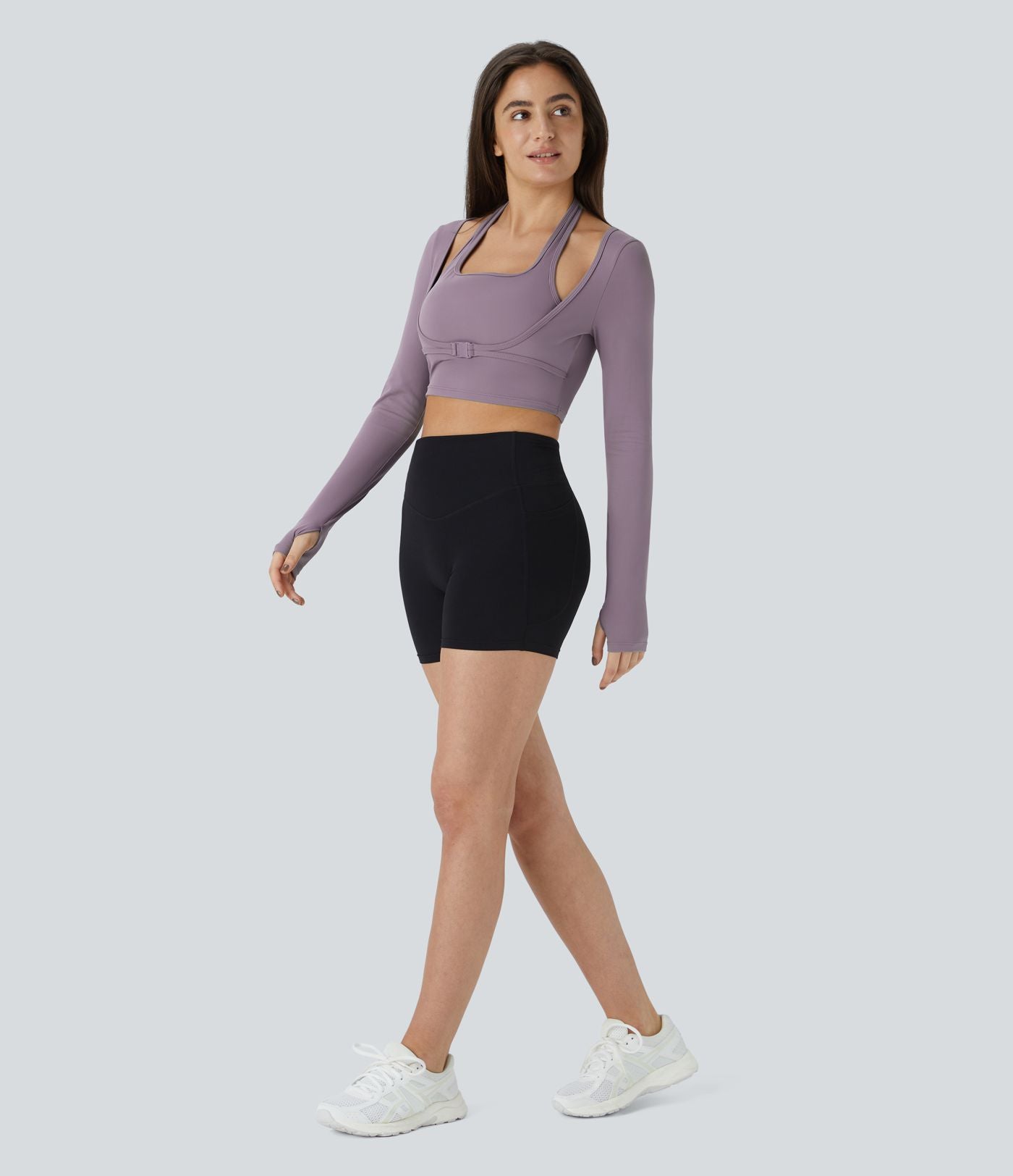 Softlyzero™ Plush Top Sport Yoga Manches Longues Trou pour le Pouce Dos Nu Col Halter