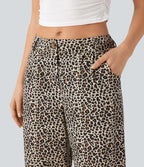 Pantalon décontracté en coton à jambe droite, taille moyenne, imprimé léopard avec poches