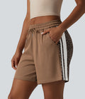 Short ample décontracté à taille mi-haute, cordon de serrage, rayures color block, imprimé léopard contrastant, 12,5 cm, avec poches