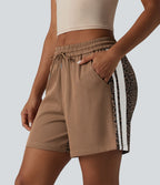 Short ample décontracté à taille mi-haute, cordon de serrage, rayures color block, imprimé léopard contrastant, 12,5 cm, avec poches