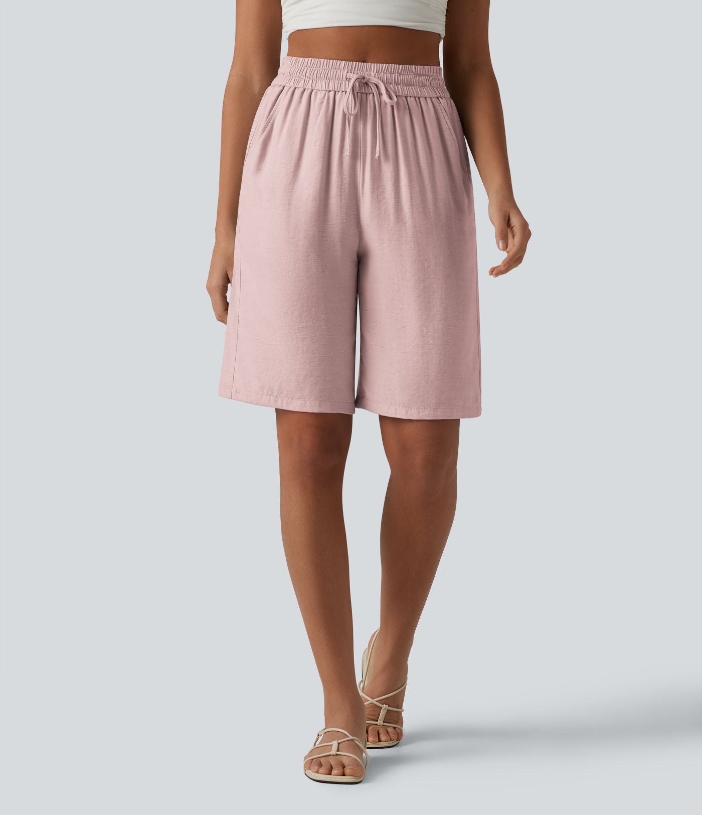 Short décontracté taille haute en lin mélangé avec cordon de serrage et poches, 25 cm