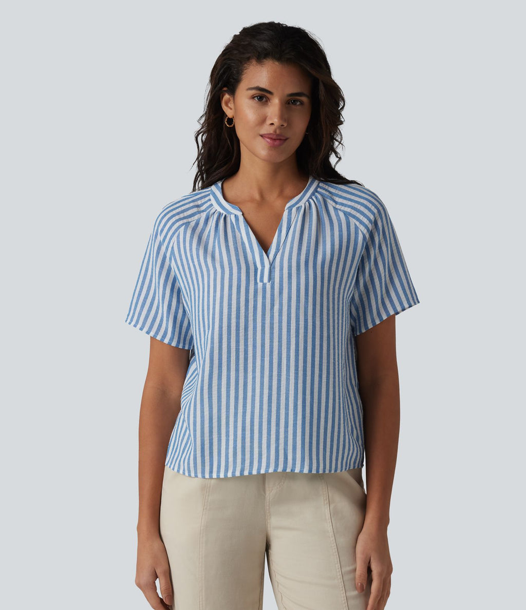 Blouse col V manches courtes à rayures aspect lin