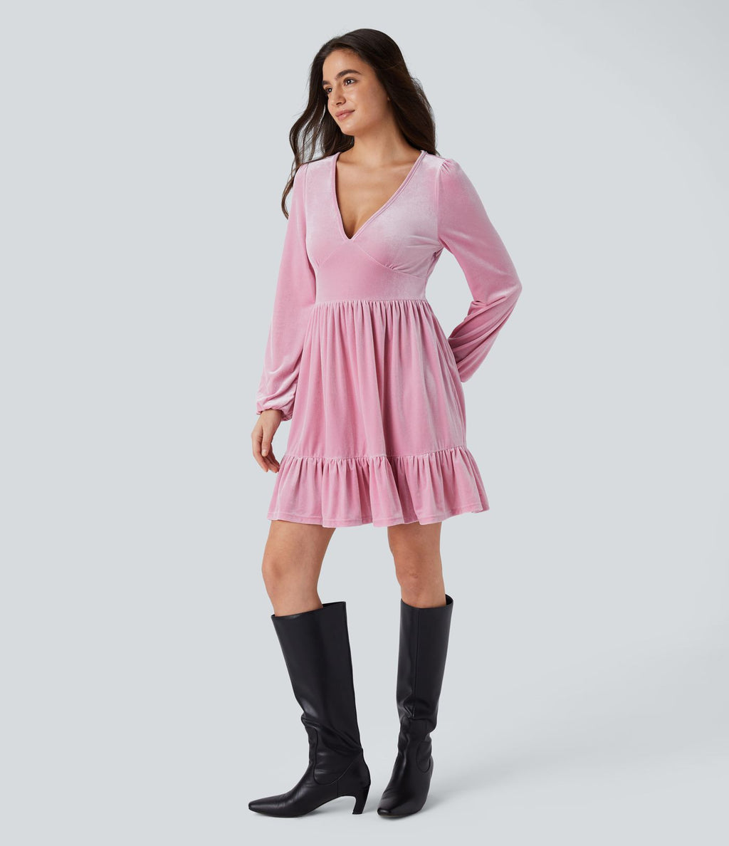 Quotidien Robe de Soirée Mini en Velours à Encolure en V Profond et Ourlet Volanté