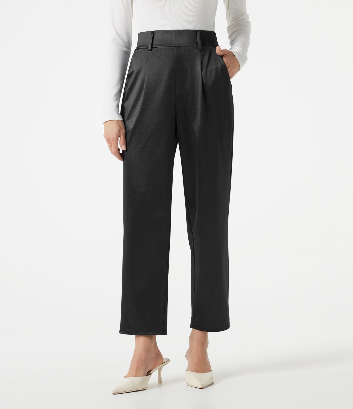 Pantalon habillé fuselé taille haute en satin avec poches