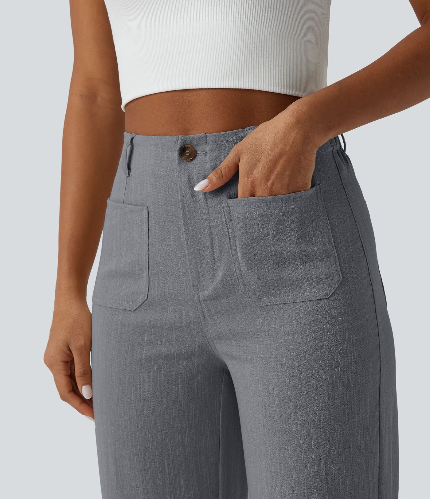 Pantalon taille haute coupe droite effet lin avec poches