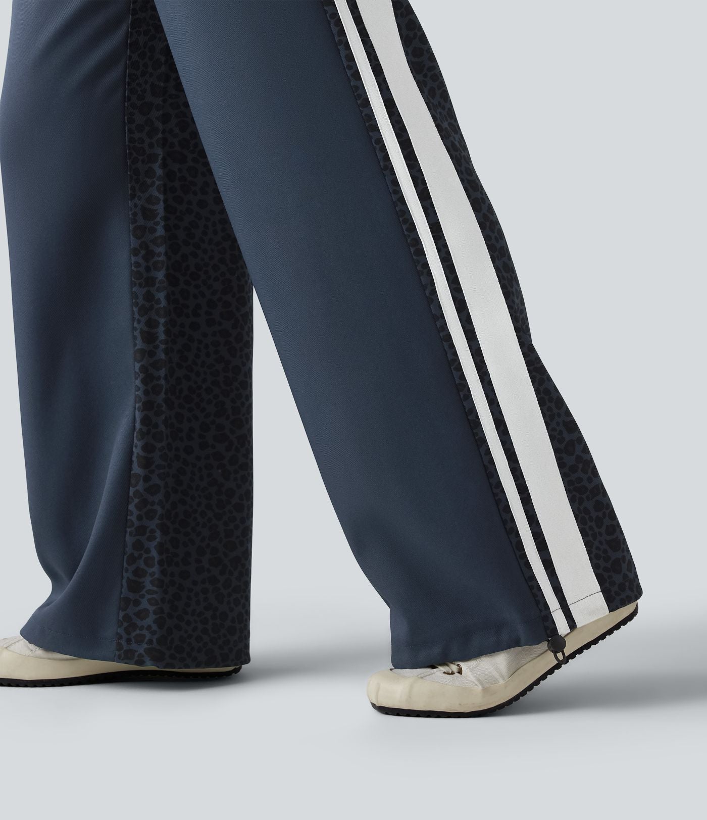 Pantalon ample décontracté taille mi-haute avec cordon de serrage color block rayures léopard contrastant avec poches