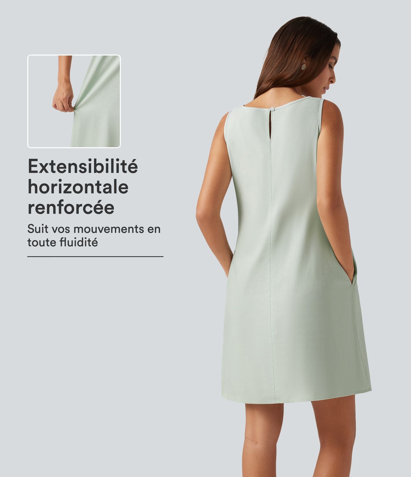 Robe mini sans manches en coton et lin à col rond avec poches