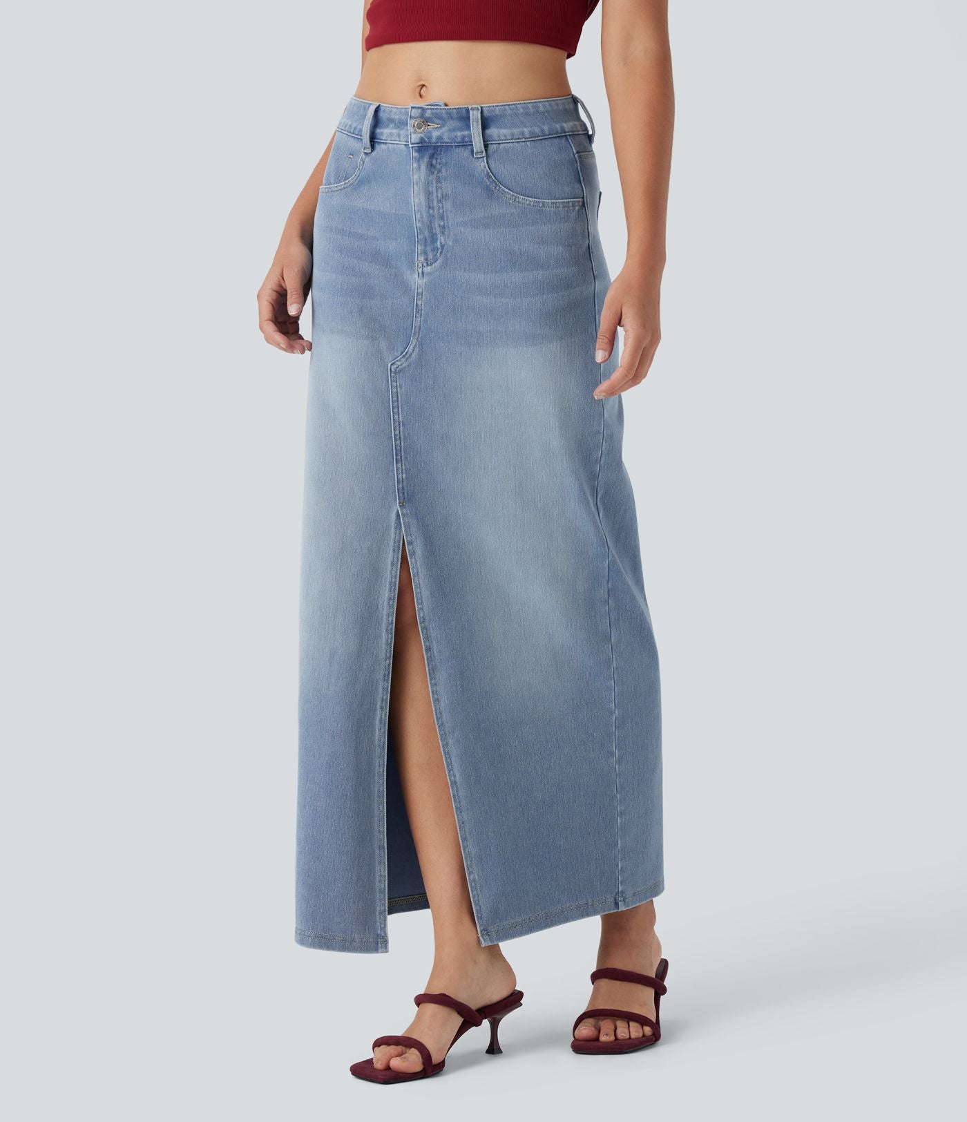 Halara Flex™ Jupe en Jean longue décontractée extensible délavé taille moyenne avec fente et multiples poches