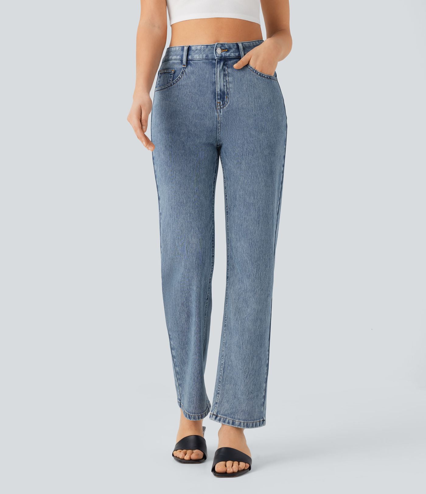 Halara Flex™ Jean droit extensible à taille haute avec bouton, fermeture éclair et poches multiples