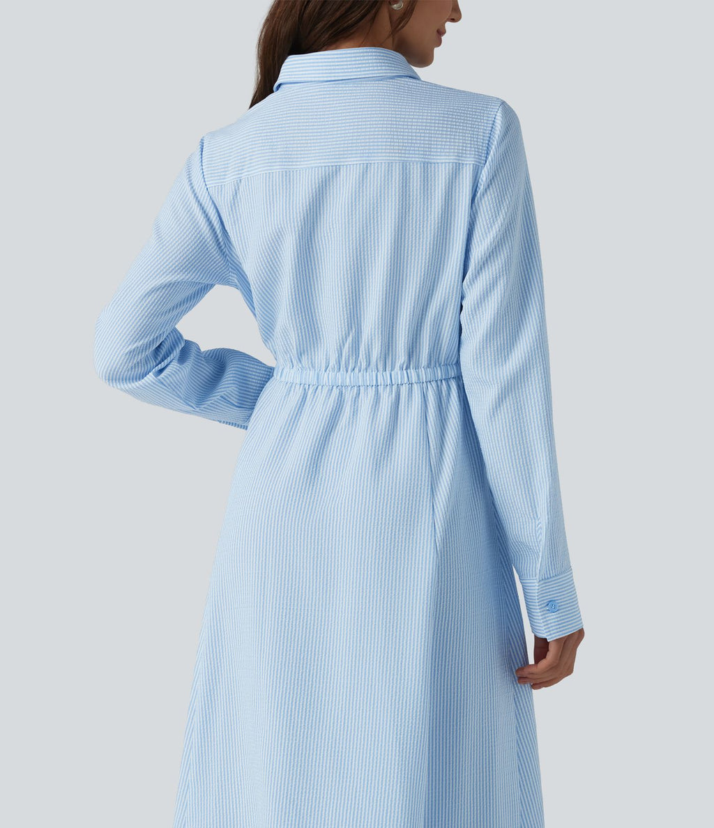 Robe chemise midi habillée à col, manches longues, lien à nouer devant et rayures