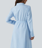 Robe chemise midi habillée à col, manches longues, lien à nouer devant et rayures
