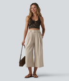 Pantalon large court casual taille haute avec ceinture aspect lin et poches