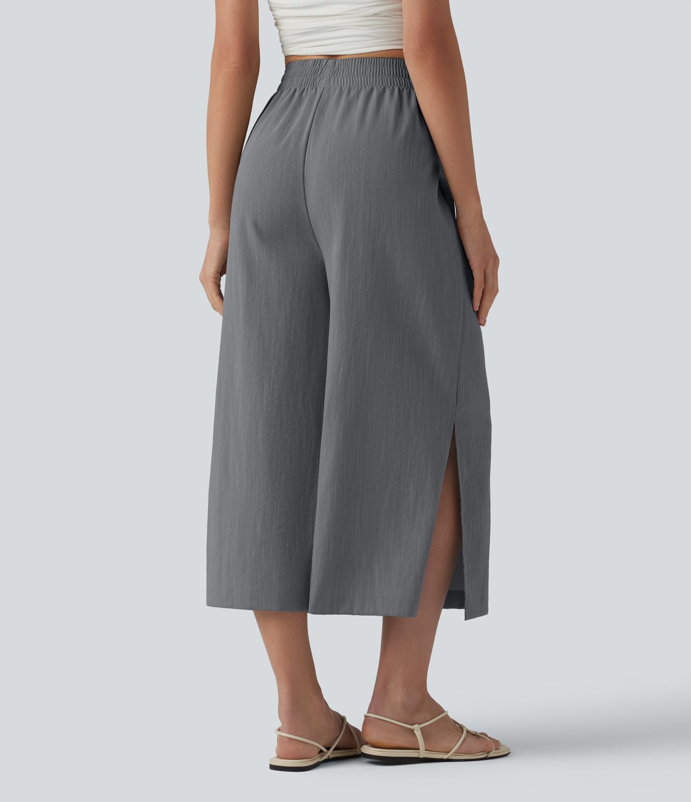 Pantalon ample court taille haute aspect lin avec fentes et poches