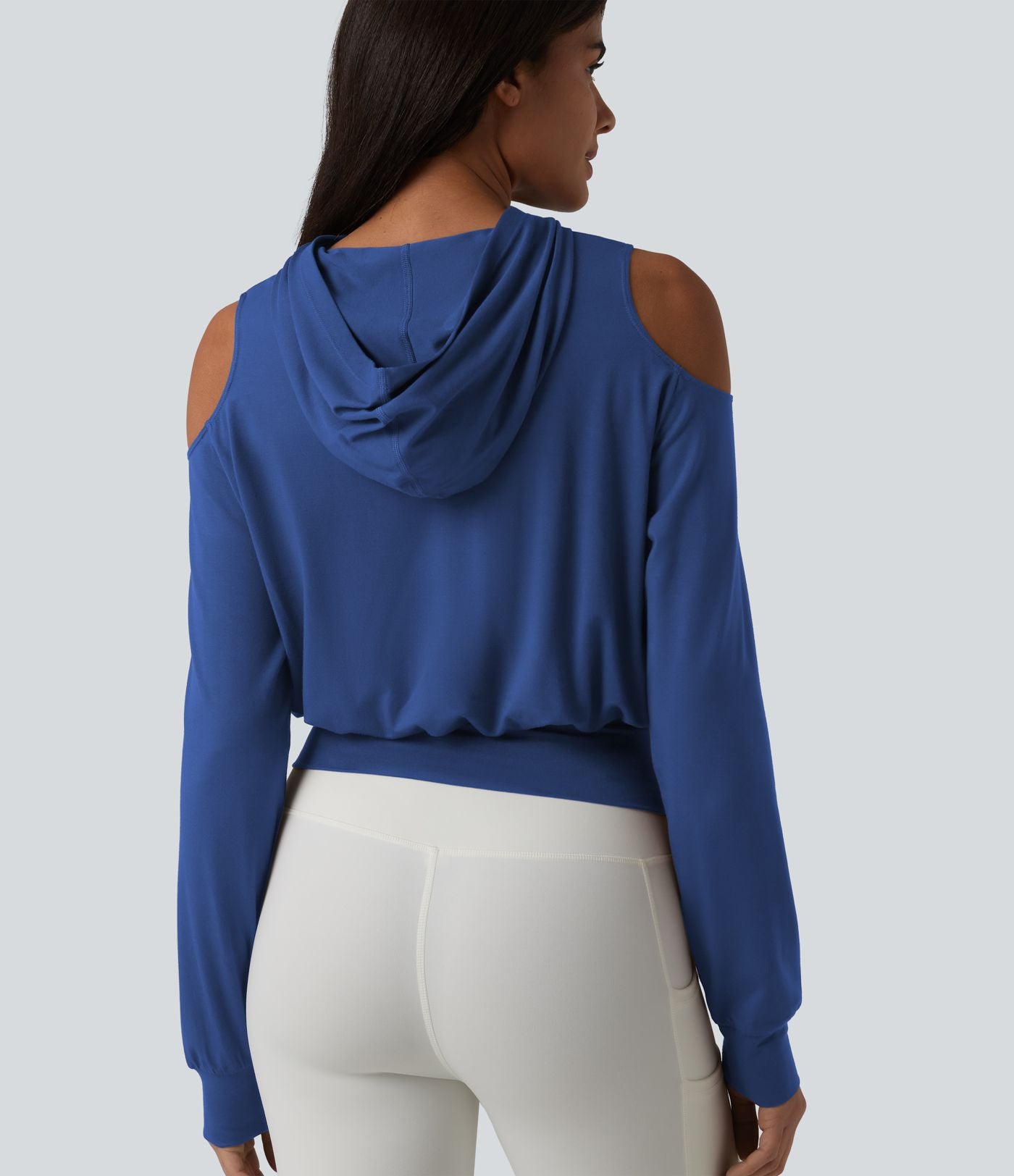 Sweat-shirt de sport à capuche épaules dénudées manches longues