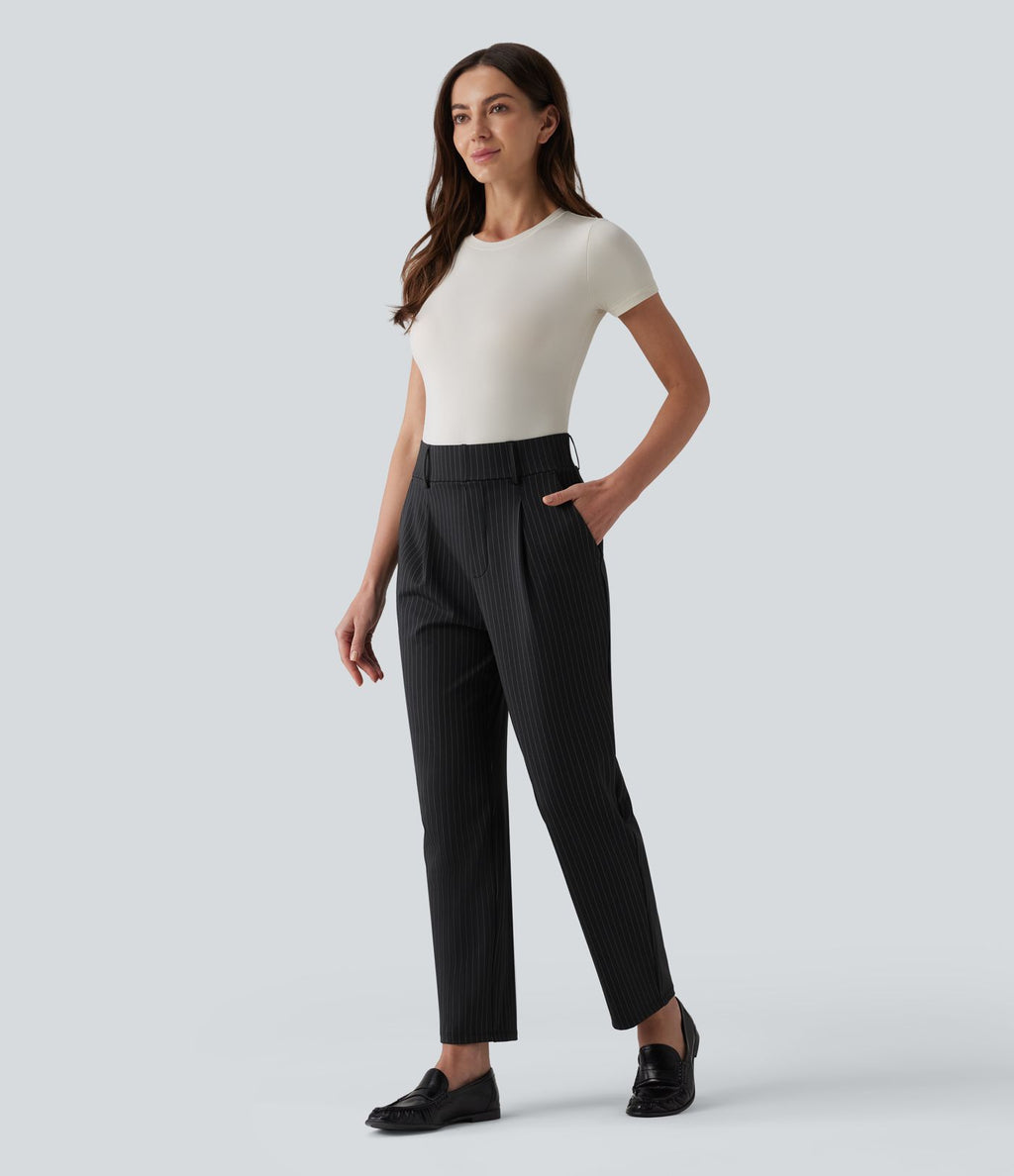 Pantalon tailleur fuselé 7/8 taille haute à rayures avec poches