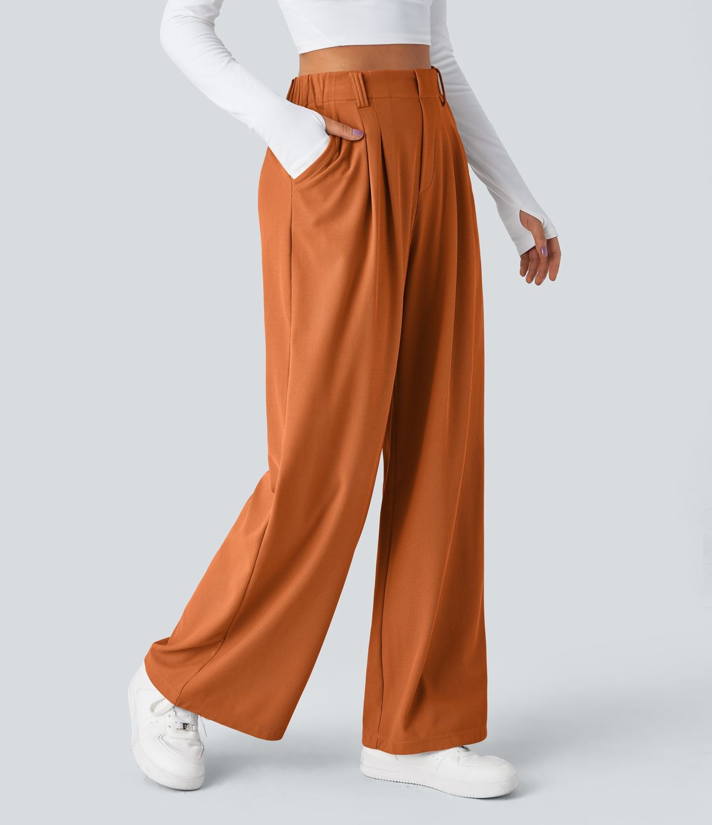 Pantalon Tailleur Large Fluide Halara Flex™ Gaufré Taille Haute Poches Latérales