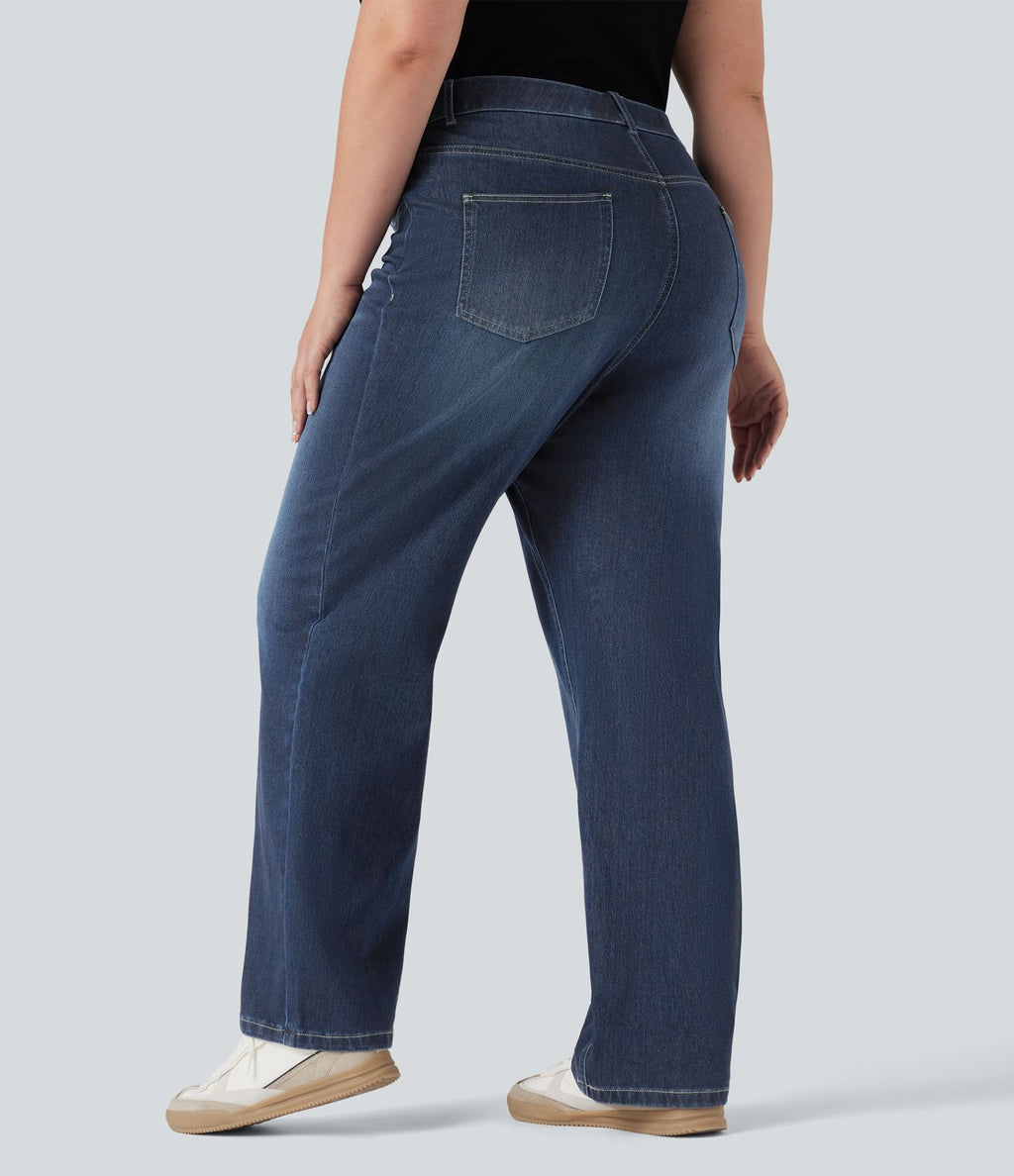 Jean droit décontracté délavé gainant taille haute grande taille avec poches Halara Flex™