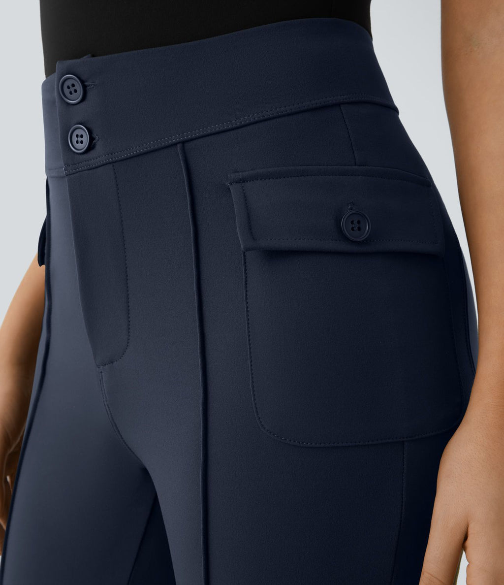 Pantalon cargo décontracté évasé taille haute avec poches à rabat latérales