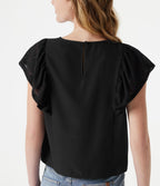Blouse casual col rond avec découpe goutte d'eau au dos, dentelle contrastée et manches à volants