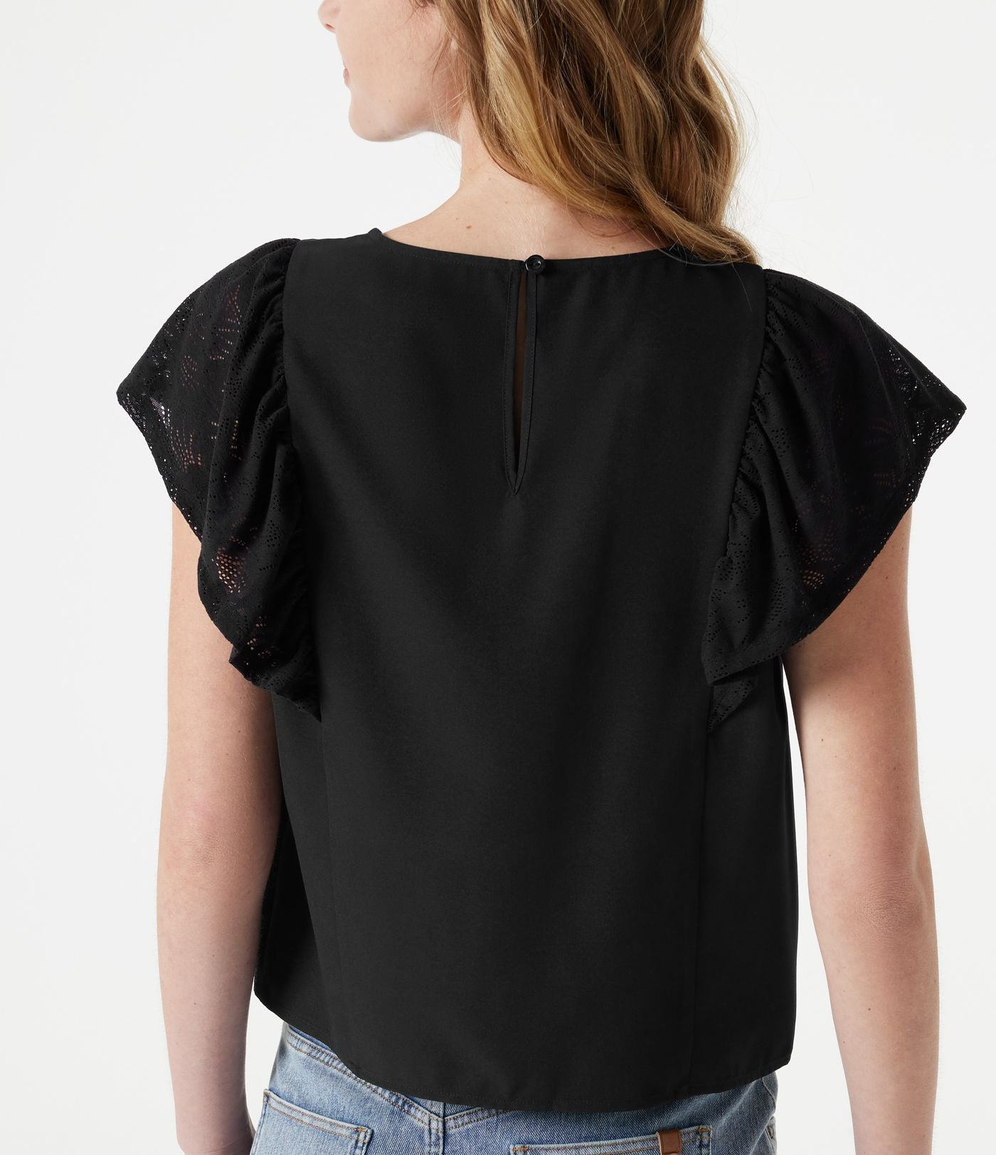 Blouse casual col rond avec découpe goutte d'eau au dos, dentelle contrastée et manches à volants