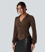 Chemise tailleur froncée asymétrique col V manches longues