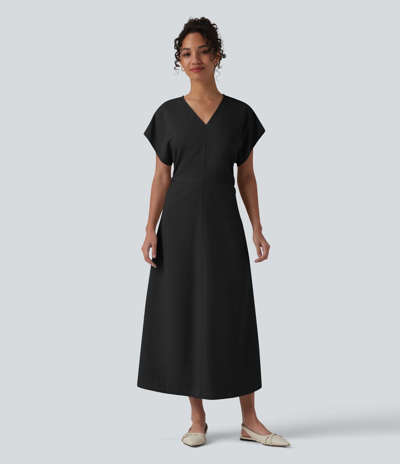 Robe longue tailleur évasée col V à manches courtes avec fermeture éclair invisible et drapé froncé