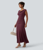 Robe décontractée maxi sans manches col drapé maille côtelée