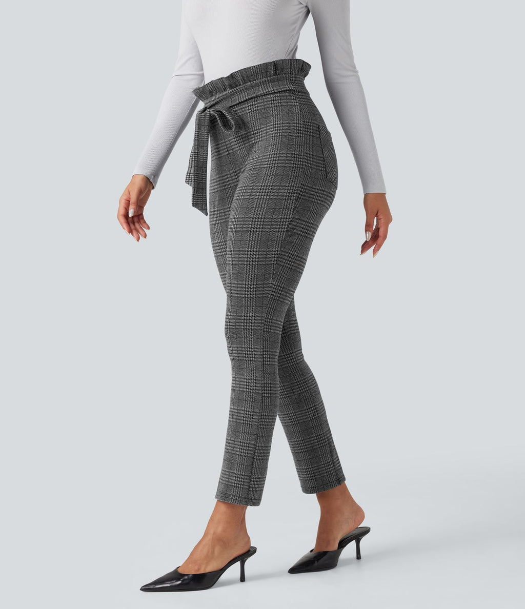 Pantalon tailleur skinny Halara Flex™ paper bag pied-de-poule carreaux taille haute à nœud avec poches