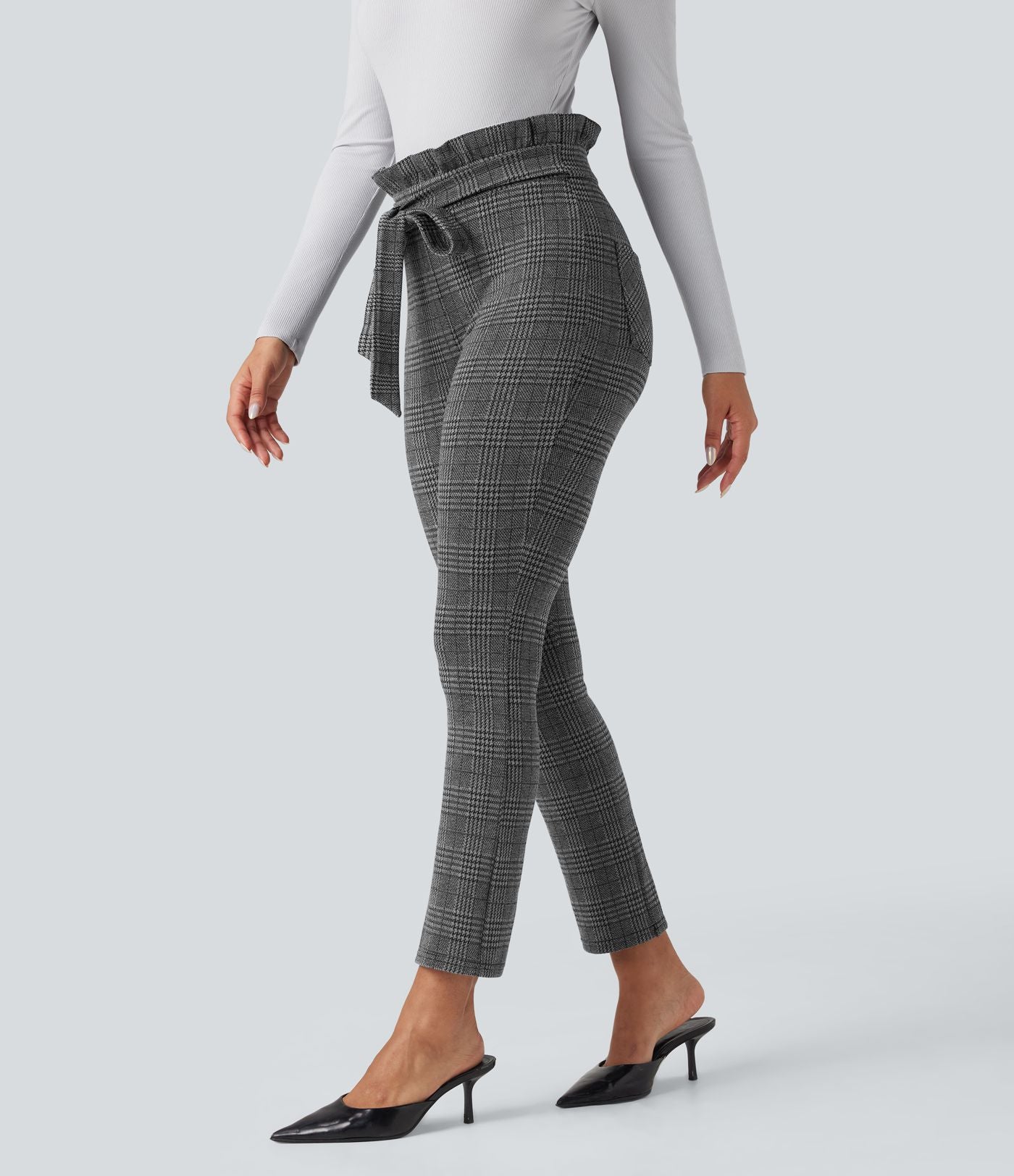 Pantalon tailleur skinny Halara Flex™ paper bag pied-de-poule carreaux taille haute à nœud avec poches