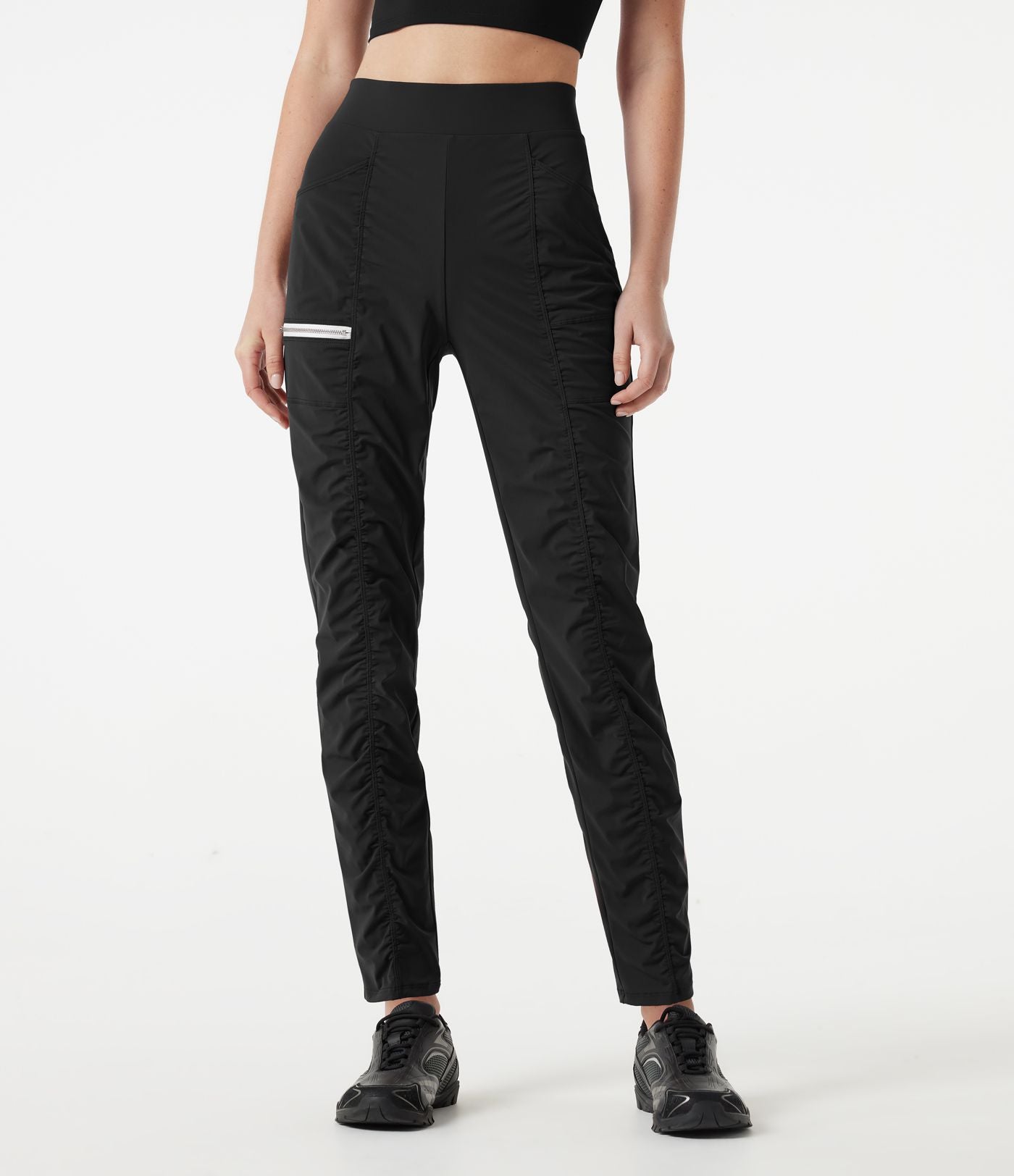 Pantalon slim de running taille haute à séchage rapide avec fronces et poches