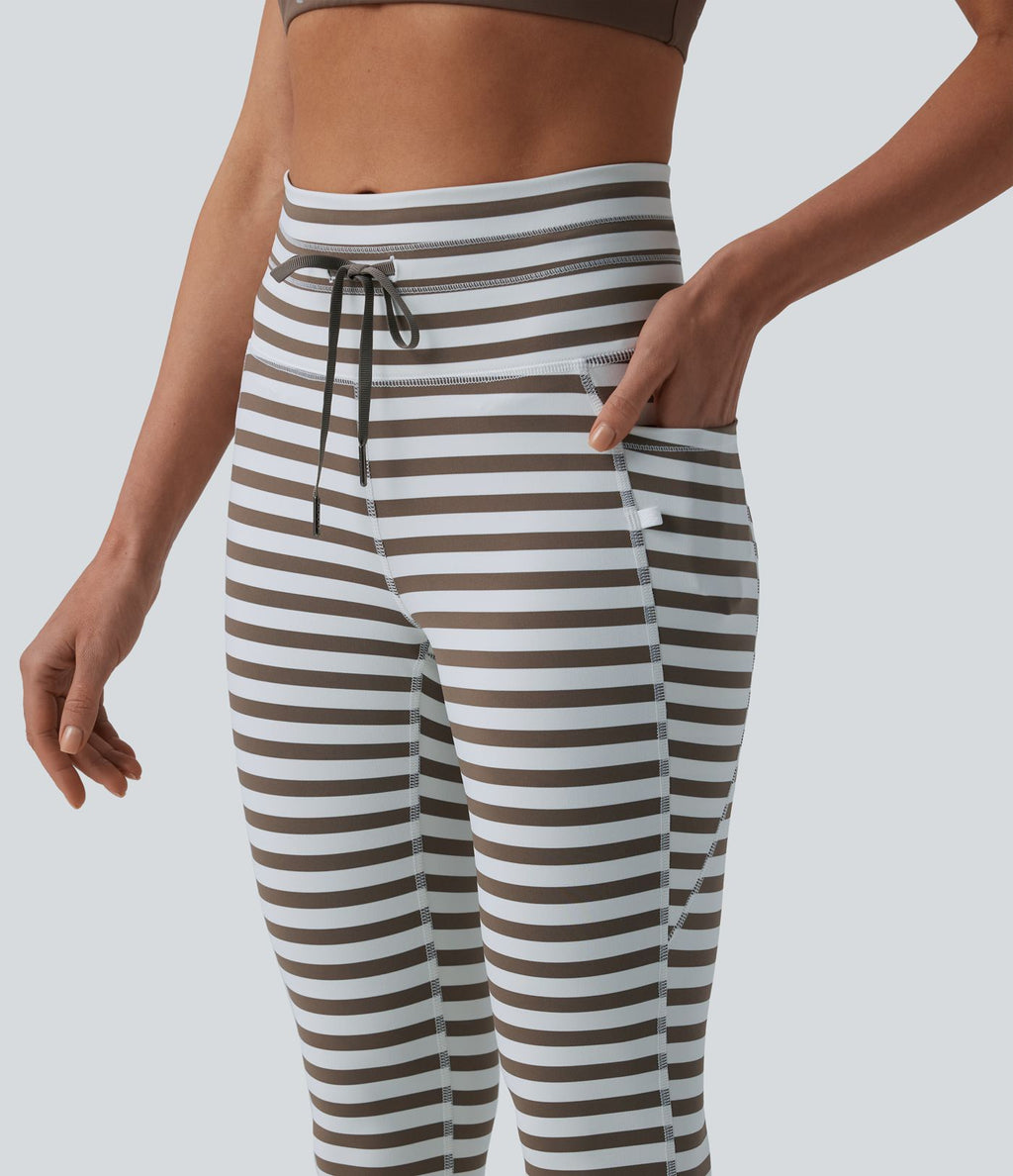 Legging yoga 7/8 taille haute à rayures et cordon de serrage avec poches