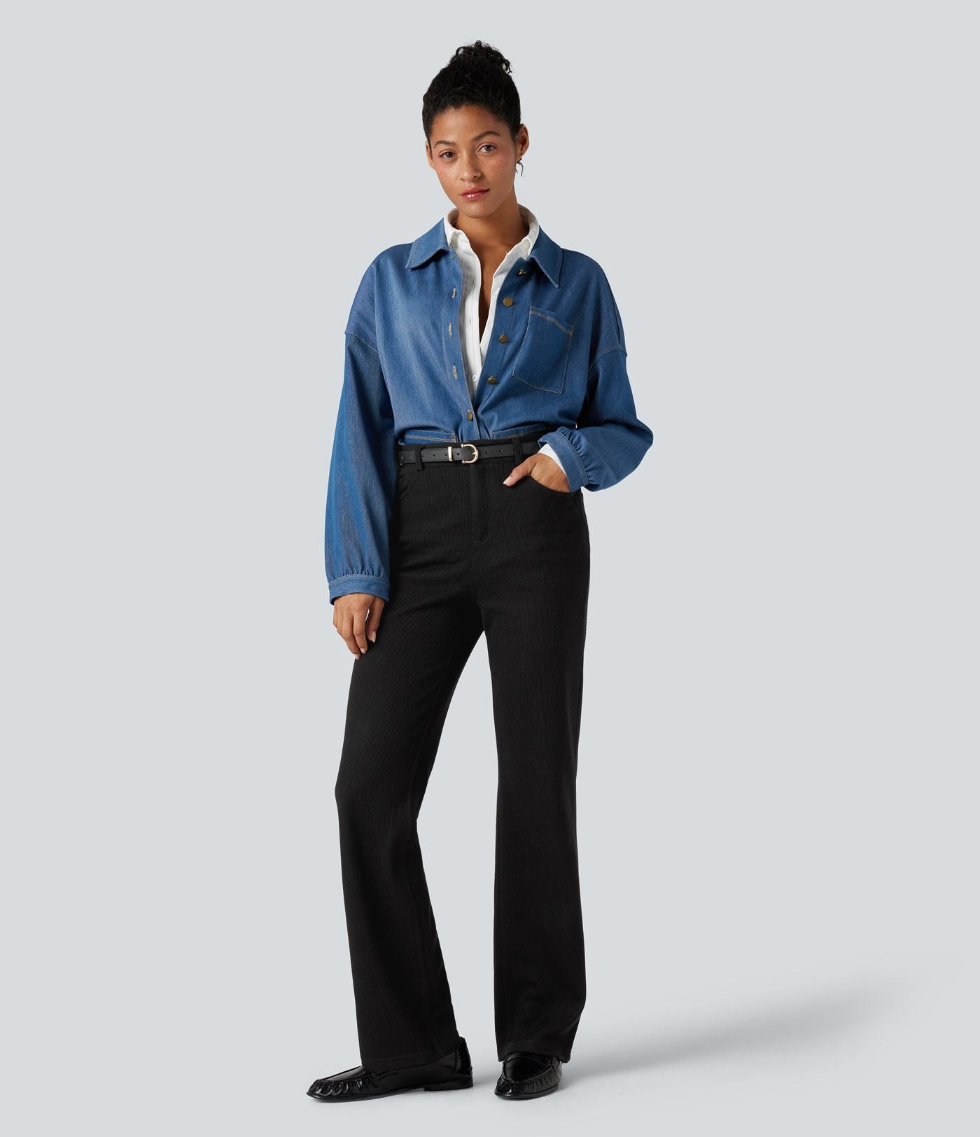 Pantalon bootcut côtelé taille haute avec poches