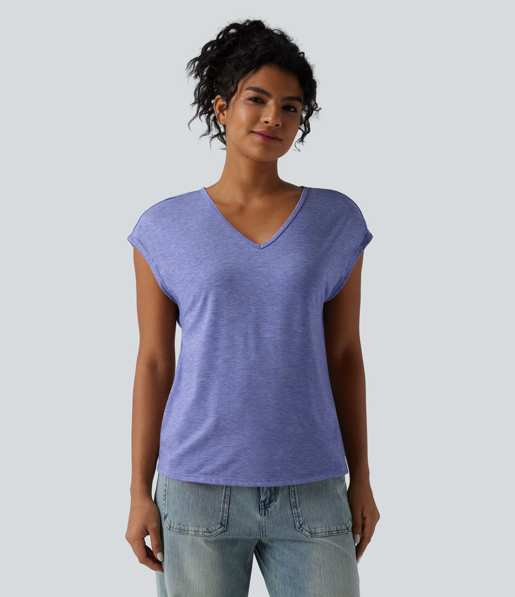 T-shirt décontracté chiné ample à manches courtes et col V