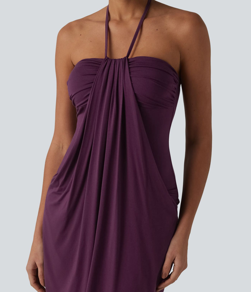 Robe resort mini dos nu à col licou avec lien noué dans le dos et poches
