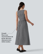 Robe longue fluide casual aspect lin col bateau sans manches à carreaux avec poches