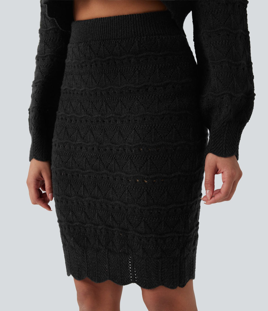 Jupe-pull décontractée 2-en-1 maille ajourée longueur genou taille haute avec poches