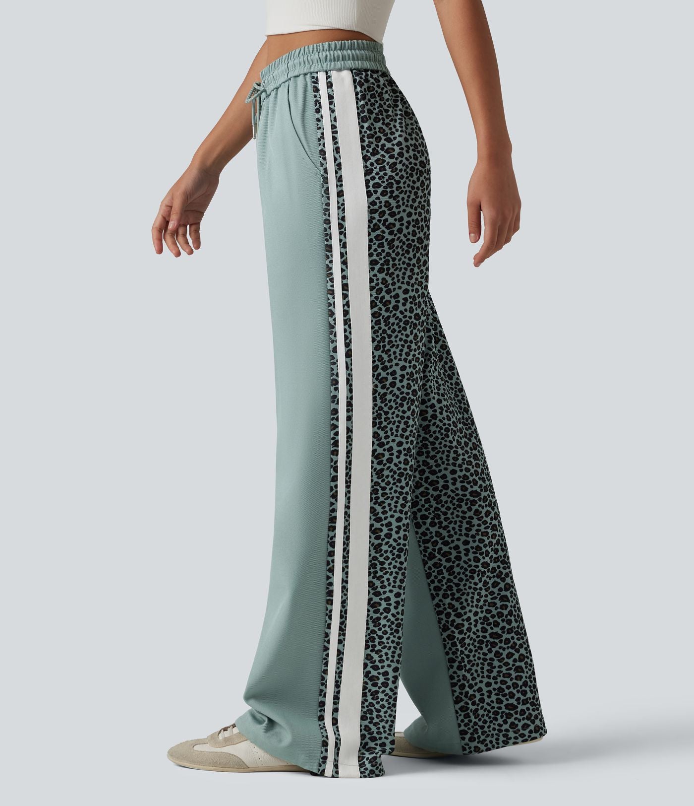 Pantalon ample décontracté taille mi-haute avec cordon de serrage color block rayures léopard contrastant avec poches