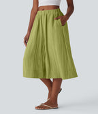 Pantalon fluide large taille mi-haute effet lin avec poche