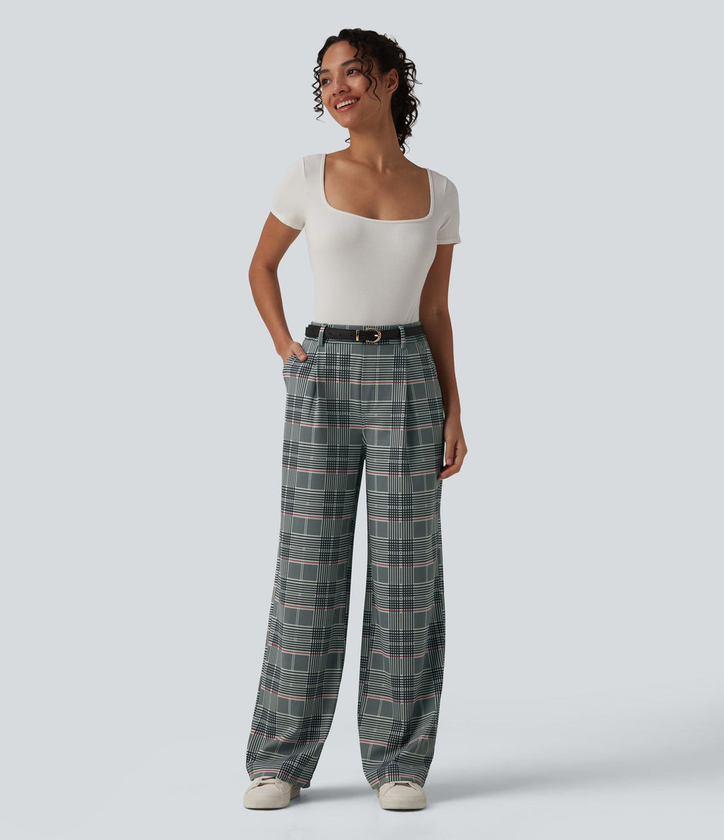 Pantalon à carreaux Halara Flex™ pour le bureau, taille haute, coupe droite avec poches