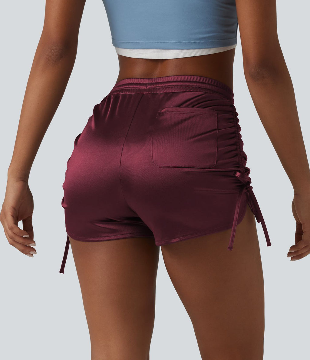 Short décontracté satiné taille haute avec cordon de serrage froncé et poche