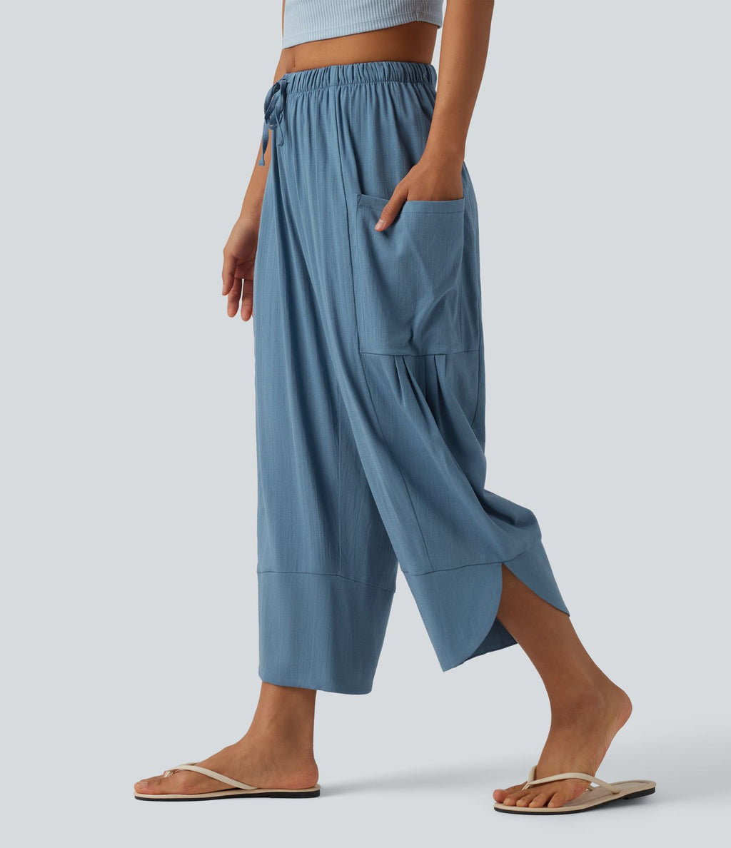 Pantalon court décontracté taille haute avec cordon de serrage, ourlet arrondi, effet lin et poches