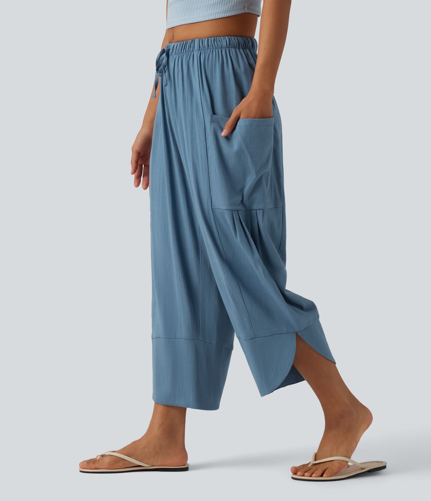 Pantalon court décontracté taille haute avec cordon de serrage, ourlet arrondi, effet lin et poches