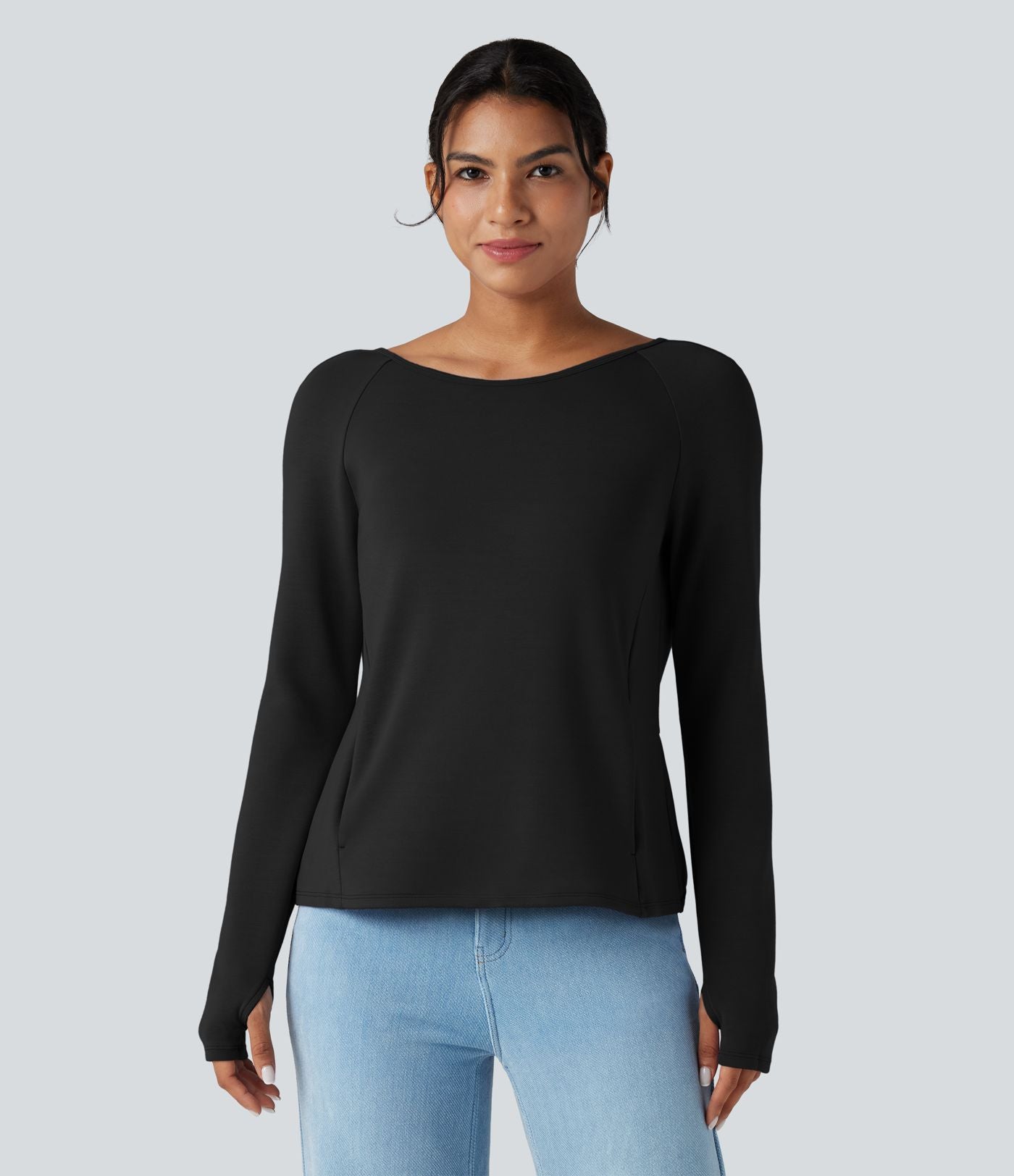 Sweat-shirt décontracté SpacerTek™ dos nu, manches longues avec trous pour les pouces, avec poches
